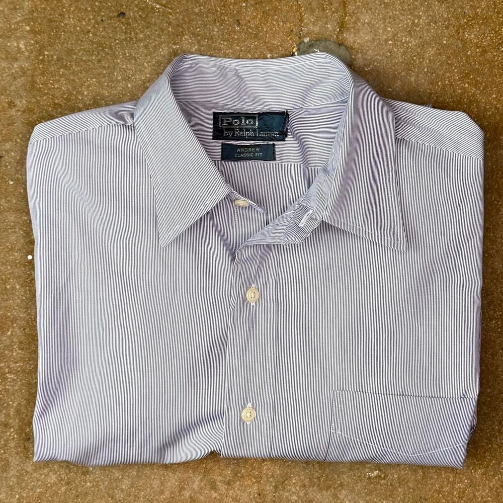 Polo Ralph Lauren Andrew Shirt Mens 16.5 32/33 Blue Pinstripe Classic Vintage‎